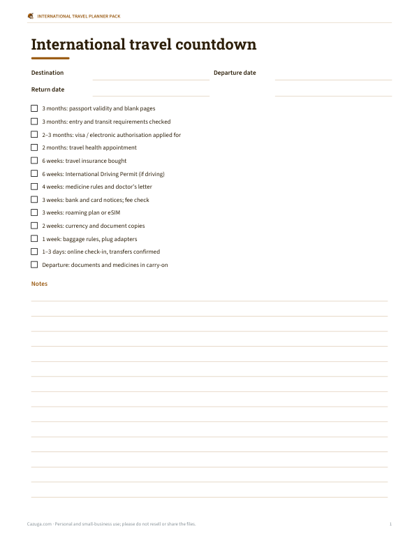 Preview of Printable International Travel Countdown Checklist