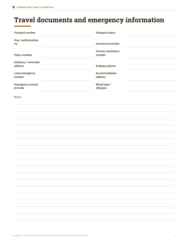 Preview of Printable Travel Document Emergency Sheet